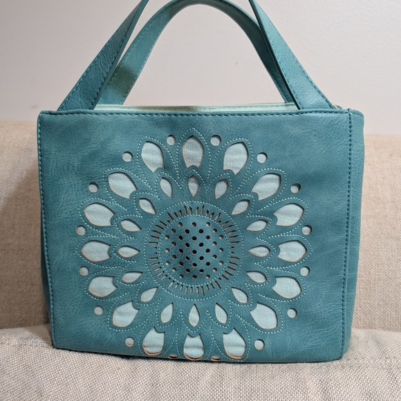 Joy Susan Handbags - Joy Susan Teal Laser-Cut Floral Tote